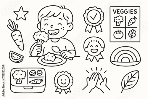 Kids Enjoying Vegetables. Hand-drawn doodle illustration Kids Eating Vegetables broccoli, plate, smiling kid, spoon, star icon, carrot, tomato slice, reward