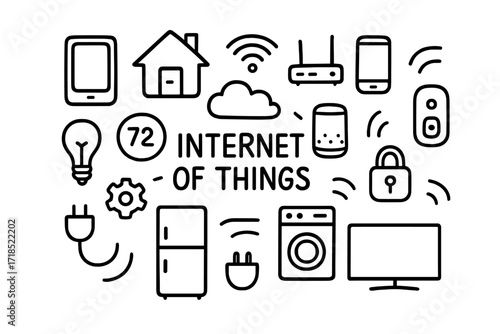 Smart Home Doodle. Hand-drawn doodle illustration Internet of Things (IoT) for Smart Homes smart home, wifi router, smartphone, tablet, cloud, smart speaker,