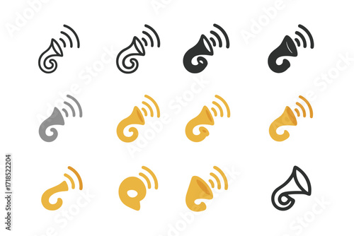 Horn Logo Variations. Set Logo of religious myths and their cultural importance: horn of divine sound. Logo set in vector style, emblematic variations. line,