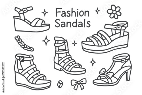 Fashion Sandals Doodle. Hand-drawn doodle illustration Fashion Sandals [wedge heel, platform sandal, gladiator sandal, strappy sandal, buckle strap, braided