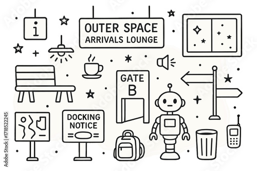 Space Arrivals Lounge. Hand-drawn doodle illustration Outer space arrivals lounge [bench, info screen, coffee cup, boarding gate, terminal window, stars,