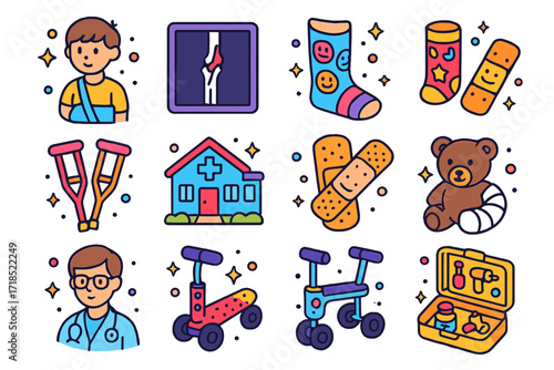 Pediatric Fracture Icons. Colorful isometric vector icons set of pediatric fractures: child in sling, child?s x-ray, playful cast decorations, small crutches,