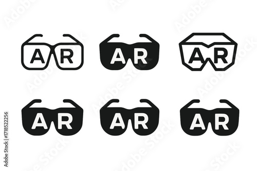 Augmented Reality Logos. Augmented Reality. Set Logo of Augmented Reality: AR glasses. harmonious logo variations of the same emblematic concept, each with