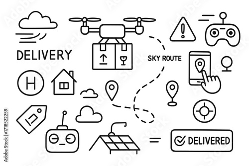 Drone Delivery Icons. Hand-drawn doodle illustration Drone-based delivery drone, box with propellers, sky route, delivery location, smartphone app, warning