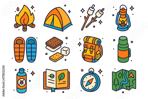 Family Camping Icons. Colorful isometric vector icons set of camping with family: campfire, tent, marshmallow sticks, lantern, sleeping bags, s?mores