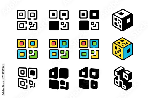 NFT Logo Variations. Set Logo of Digital Art Collectibles and NFTs: QR code icon. Logo set in vector style, emblematic variations. line, bold thick line, solid