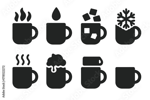 Mug Temperature Icons. Solid, filled icon set of mug contents temperature: hot, warm, iced, cold, steaming, frothy, chilled, room temperature. Solid, filled