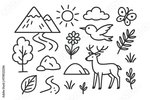 Lush Valley Doodle Icons. Hand-drawn doodle illustration Lush Valley mountain, river, tree, wildflower, sun, bird, grass, leaf, deer, cloud, butterfly, hill,