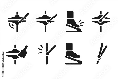 Hi-Hat Technique Icons. Solid, filled icon set of hi-hat playing techniques: open hi-hat, closed hi-hat, pedal hi-hat, foot splash, choke, accent