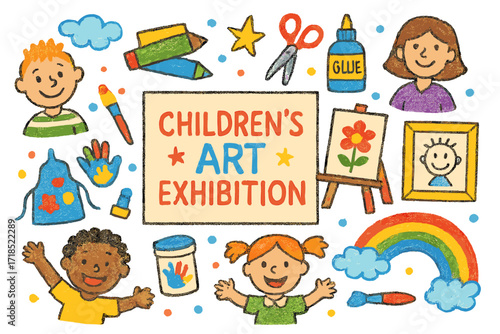 Children's Art Extravaganza. Colorful Hand-drawn doodle Children illustration Children's Art Exhibition crayons, drawing paper, kids smiling, easel, finger