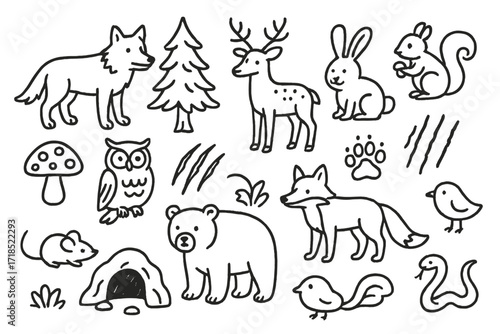 Forest Doodle Wildlife. Hand-drawn doodle illustration forest predators and prey wolf, deer, rabbit, bear, fox, owl, squirrel, paw print, claw mark, tree,