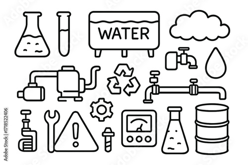 Water Plant Doodle Icons. Hand-drawn doodle illustration chemical treatment in water plant beaker, test tube, flask, droplet, tank, pump, pipe, valve, barrel,