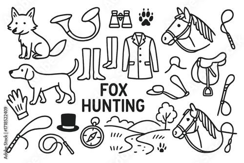Fox Hunting Doodles. Hand-drawn doodle illustration [fox hunting] [fox, hunting horn, hound dog, riding boots, red hunting coat, saddle, horse, countryside