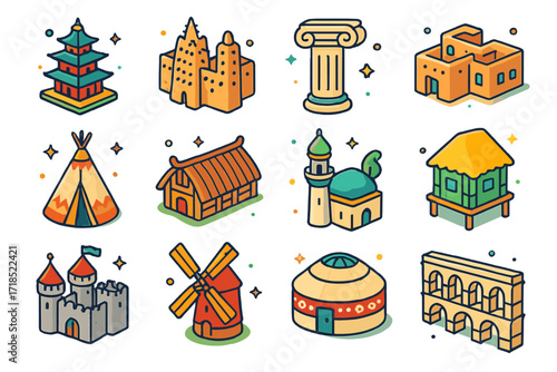Cultural Architecture Icons. Colorful isometric vector icons set of Cultural architecture and monuments: pagoda, mud mosque, Greek column, adobe house, teepee,