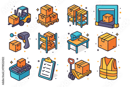 Warehouse Icons Set. Colorful isometric vector icons set of warehouse operations: forklift lifting box, stacked pallets, loading dock, barcode scanner,