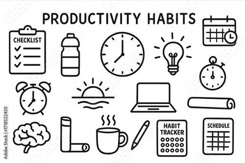 Productivity Habits Icons. Hand-drawn doodle illustration productivity habits checklist, clock, sunrise, water bottle, notepad, alarm, laptop, coffee mug, yoga