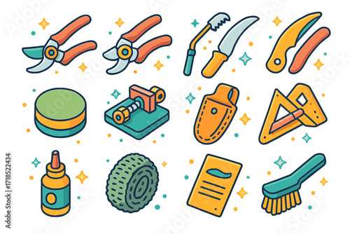 Colorful Pruning Tools Icons. Colorful isometric vector icons set of pruning tools and sharpening: bypass pruners, anvil pruners, pole saw, curved blade,