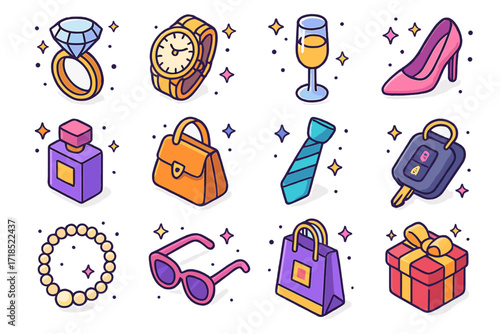 Isometric Luxury Icons. Luxury. Colorful isometric vector icons set of luxury: diamond ring, gold watch, champagne glass, designer shoes, perfume bottle,
