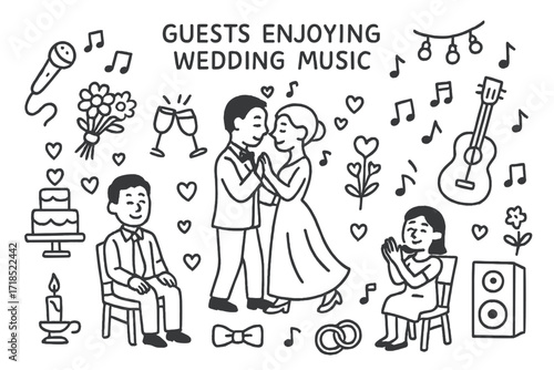 Wedding Celebration Doodles. Hand-drawn doodle illustration Guests enjoying wedding music music notes, champagne glasses, bouquet, hearts, microphone, guitar,