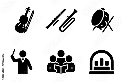 Orchestra Icon Grid. Solid, filled icon set of orchestra sections: strings, woodwinds, brass, percussion, conductor, choir, soloist, stage. Solid, filled icons