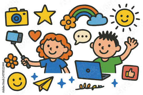Playful Influencer Doodles. Colorful Hand-drawn doodle Children illustration Influencer Collaboration [camera, selfie stick, smartphone, laptop, star, rainbow,
