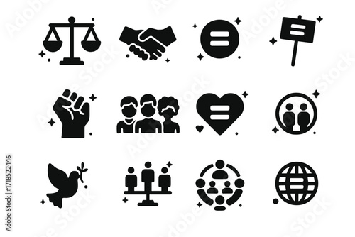 Icons of Social Equality. Social Equality. Solid icons set of justice scale, handshake, equality symbol, protest sign, raised fist, diverse group, heart with