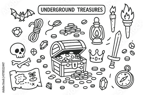 Underground Treasures Icons. Underground treasures. Hand-drawn doodle illustration underground treasures treasure chest, gold coins, jewels, crown, sword,