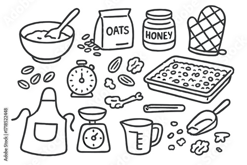 Homemade Granola Doodles. Hand-drawn doodle illustration baking a batch of homemade granola for breakfast mixing bowl, wooden spoon, oats, jar of honey,