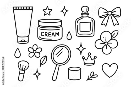 Luxury Skincare Icons. Hand-drawn doodle illustration Luxury skincare elegant cosmetic tube, gold-trimmed jar, perfume bottle, ribbon, star, sparkle, droplet,