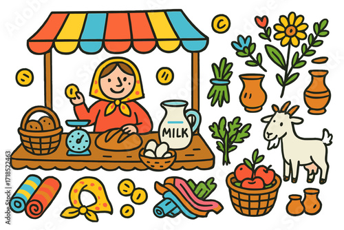 Colorful Village Market. Colorful Hand-drawn doodle Children illustration Village market cloth canopy, smiling seller, coins, potato, bread, eggs, baskets,