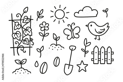 Garden Doodle Icons. Hand-drawn doodle illustration Garden vine trellis vine leaf, tendril, flower, branch, sprout, soil, seed, droplet, star, butterfly, sun,
