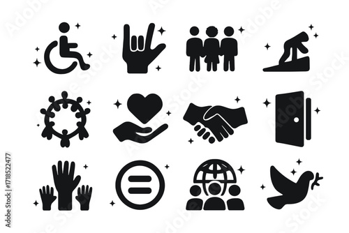 Inclusion Icons Grid. Inclusion. Solid icons set of wheelchair symbol, sign language hand, diverse people, accessible ramp, inclusive circle, support heart,