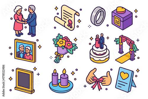 Vow Renewal Icons. Colorful isometric vector icons set of vow renewal ceremonies: older couple holding hands, new vow scrolls, vow box with date, silver