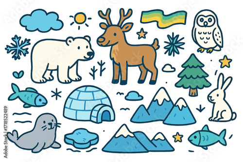 Arctic Tundra Doodles. Colorful Hand-drawn doodle Children illustration Arctic Tundra [polar bear, reindeer, snowy owl, igloo, ice floe, snowflake, cloud, sun,