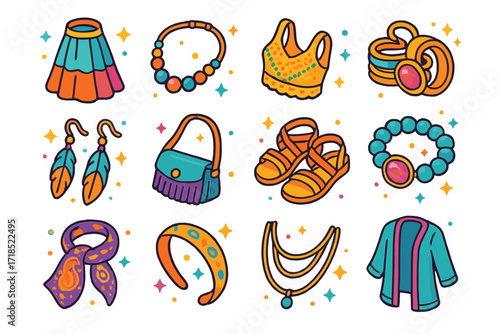 Bohemian Jewelry Icons. Colorful isometric vector icons set of jewelry with bohemian outfits: flowy skirt, beaded necklace, crochet top, stacked rings, feather