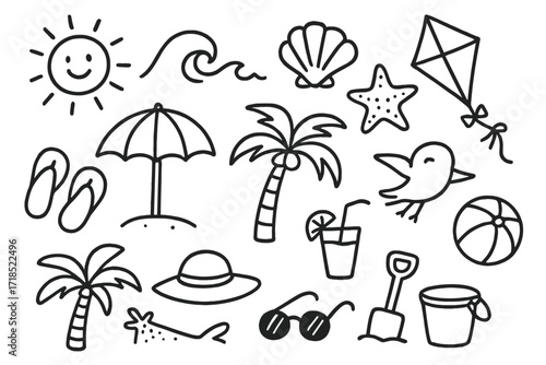 Beachside Doodle Delights. Hand-drawn doodle illustration enjoying the beach sun, wave, seashell, starfish, umbrella, palm tree, flip flops, hat, drink glass,