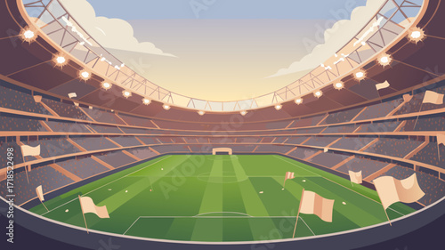 Panoramic stadium view illustration with flags, bright lights and green grass field