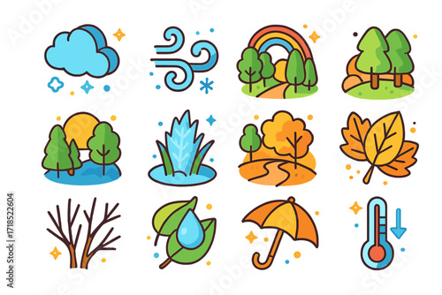 Colorful Fall Weather Icons. Colorful isometric vector icons set of fall weather and nature: cloudy sky, chilly wind gust, light rain, rainbow through trees,