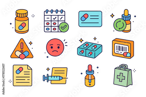 Medication Literacy Icons. Colorful isometric vector icons set of Medication Literacy: pill bottle, dosage schedule, medication card, refill reminder, drug