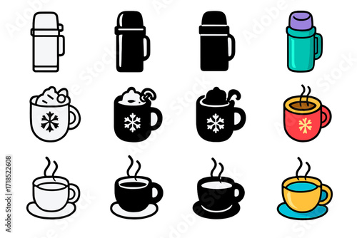 Seasonal Drink Icons. Icon Set of Seasonal Drinks: Thermos, Festive mug, Steaming cup. Icons set in vector style, emblematic variations. Thermos line, Thermos