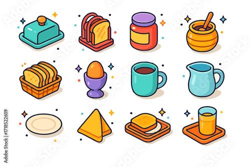Isometric Breakfast Icons. Colorful isometric vector icons set of outdoor rowing elements: rowing boat, oars, life vest, river dock, paddling coach, rowing