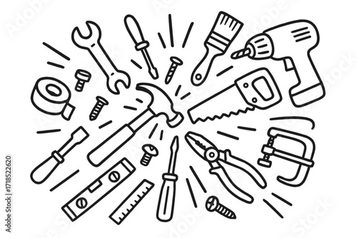 Tool Collision Doodle. Hand-drawn doodle illustration objects colliding in mid-air Hammer, Wrench, Screwdriver, Nail, Bolt, Screw, Paintbrush, Saw, Drill,