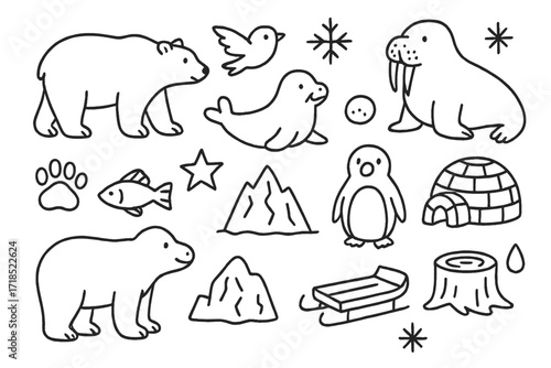 Arctic Animals Doodle. Hand-drawn doodle illustration Arctic animals and tracks [polar bear, seal, walrus, penguin, whale, bird, paw print, fish, star,