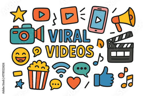 Viral Video Doodles. Viral videos. Colorful Hand-drawn doodle Children illustration video camera, play button, phone, clapperboard, star, megaphone, popcorn,