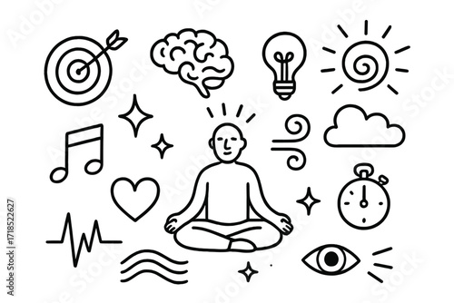Focus and Meditation Icons. Hand-drawn doodle illustration Meditation and focus training target icon, brain, arrow, light bulb, breath swirl, sparkle, seated