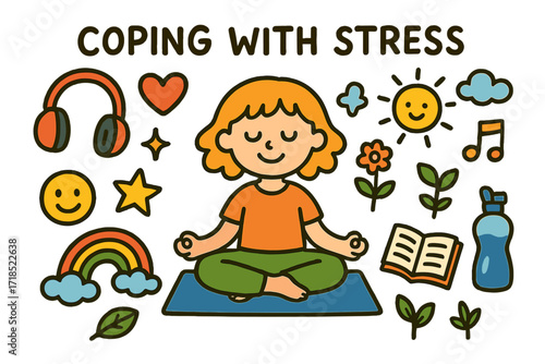 Stress Relief Doodles. Colorful Hand-drawn doodle Children illustration Coping with Stress [yoga mat, headphones, heart, smiling face, star, rainbow, flower,