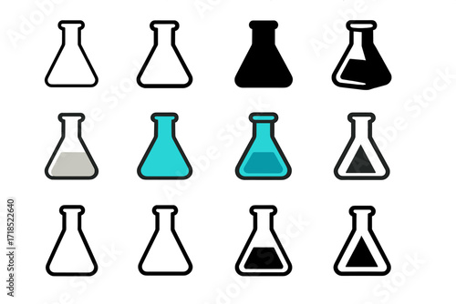 Colorful Flask Logos. Set Logo of Flasks: Classic laboratory Erlenmeyer flask. Logo set in vector style, emblematic variations. line, bold thick line, solid