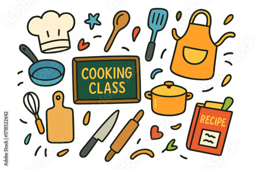 Children's Cooking Fun. Cooking Class. Colorful Hand-drawn doodle Children illustration Cooking Class chef hat, apron, spoon, spatula, pan, pot, whisk, cutting