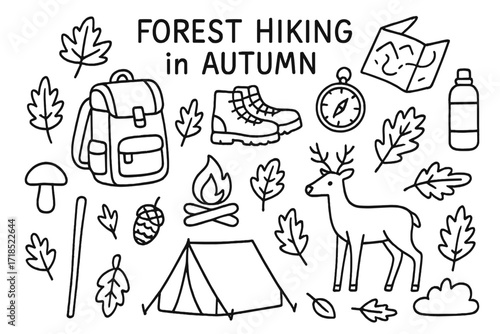 Autumn Hiking Doodles. Hand-drawn doodle illustration Forest hiking in autumn, backpack, hiking boots, map, compass, water bottle, campfire, leaves, acorn,