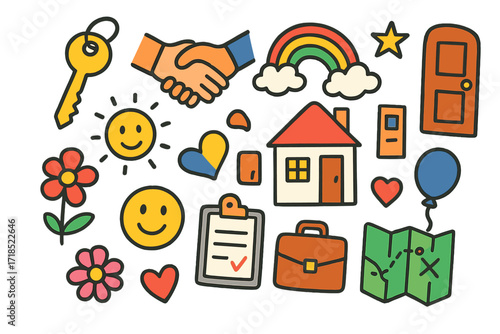 Colorful House Key Handover. Colorful Hand-drawn doodle Children illustration House Keys Handover [key, handshake, smiling face, house, door, window, star,